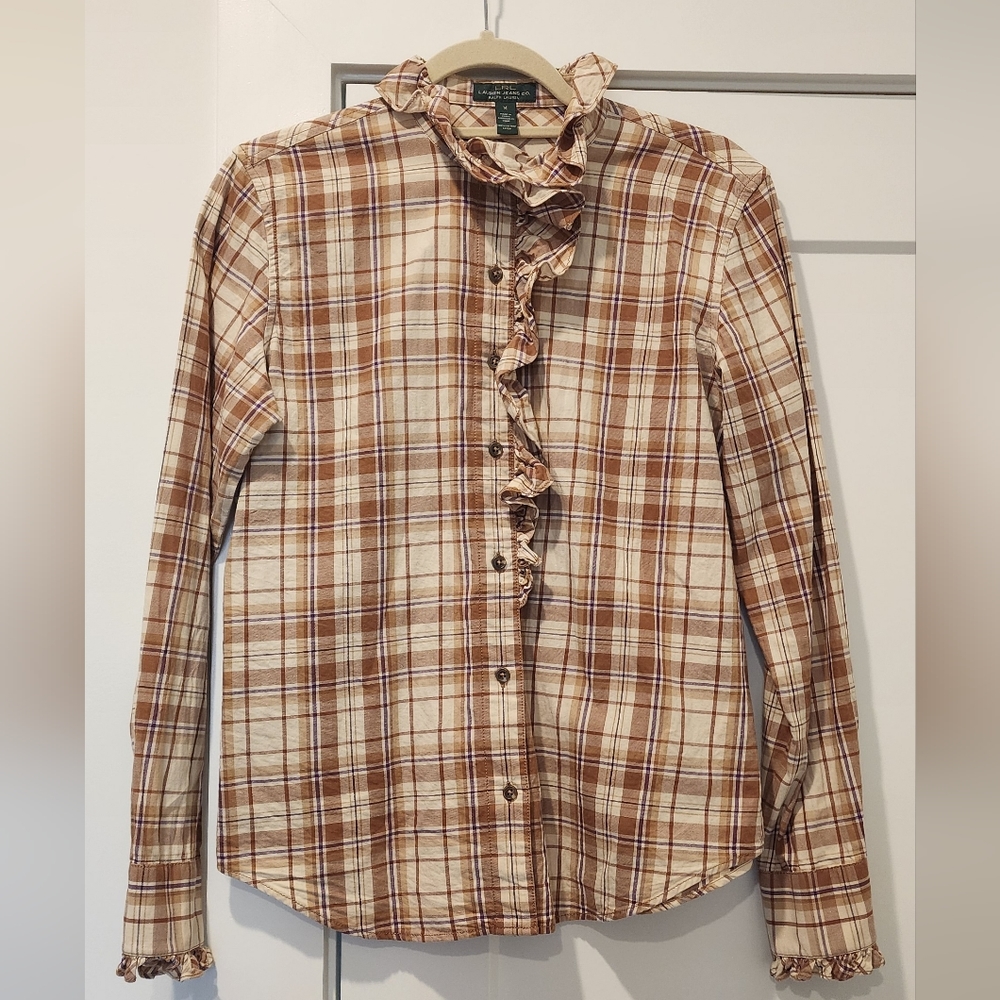 EUC LRL Lauren Jeans Co. by Ralph Lauren Ruffle Trim Plaid Cotton Shirt